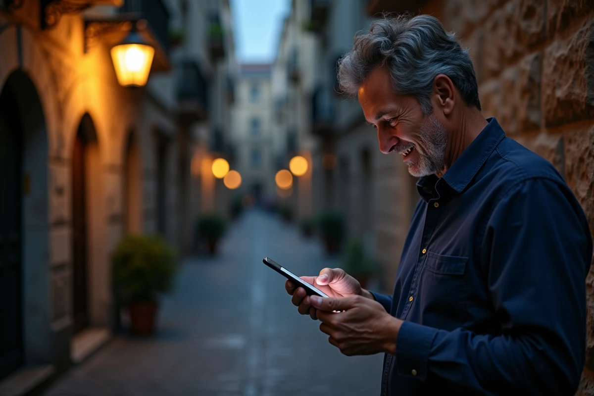 Homme regardant l'heure 01h10 sur son téléphone dans une ruelle pavée la nuit, illustration de la numérologie et des heures miroirs