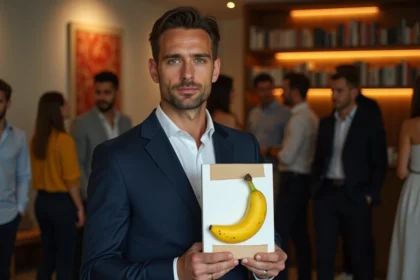 Homme en costume tenant une banane sur toile lors d'une fête