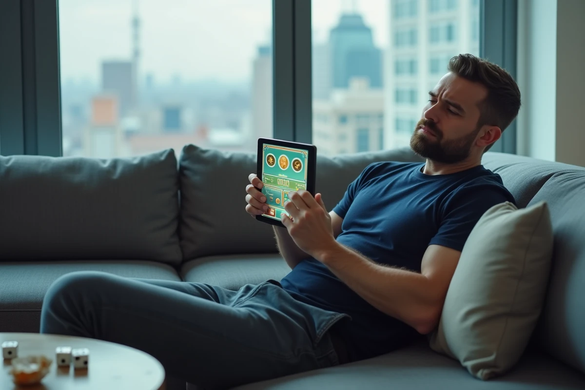 Homme confus tenant une tablette avec une interface de jeu mobile Monopoly GO affichant des erreurs de récompenses dans un salon moderne