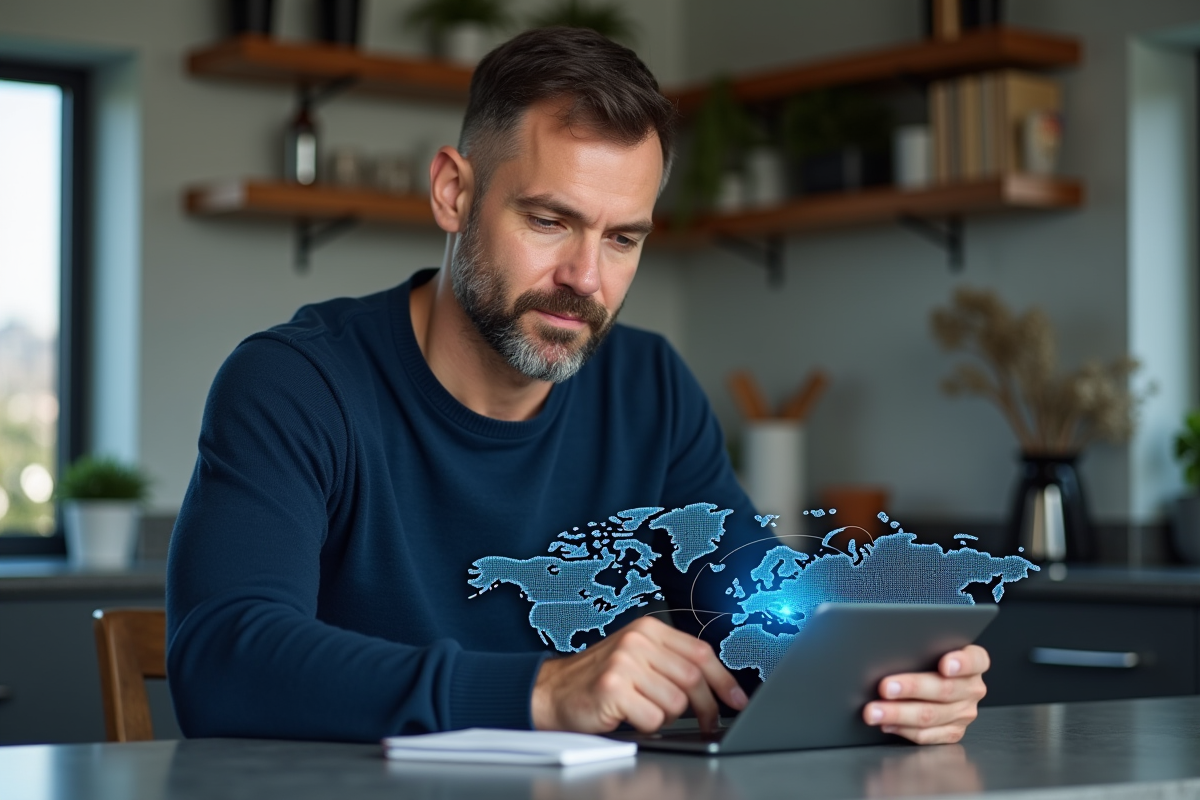 Homme avec tablette affichant un reseau virtuel