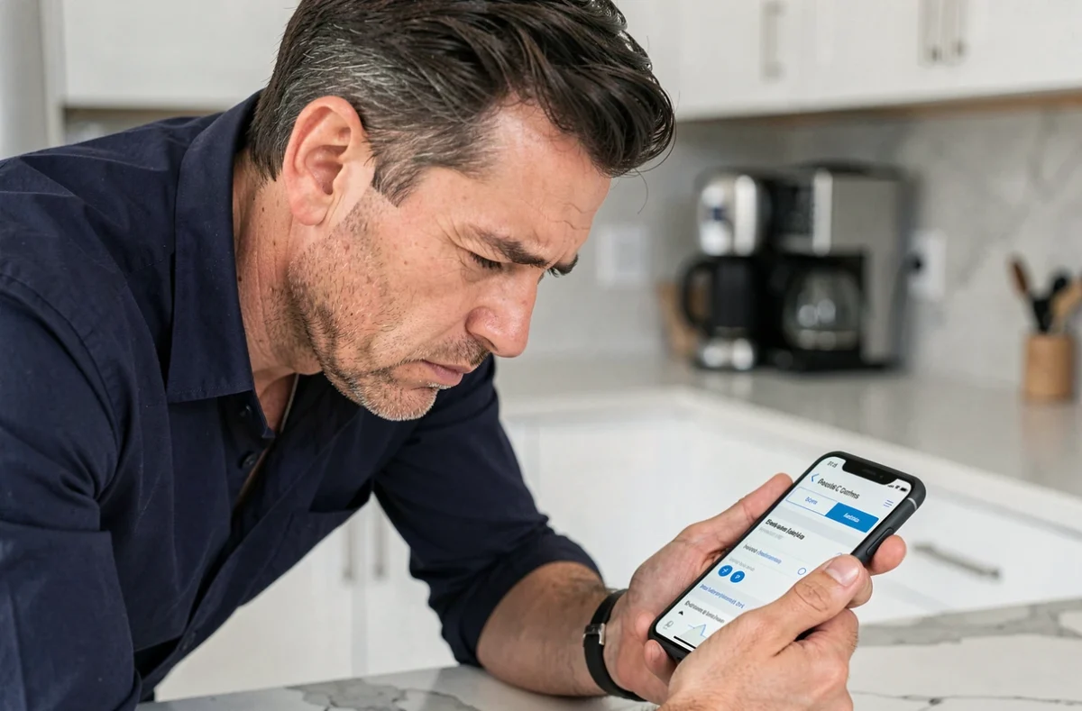 Homme scrutant son smartphone avec méfiance face à une confirmation de réservation en ligne douteuse