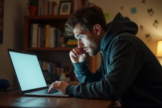 Jeune homme inquiet vérifiant la sécurité d'un site de streaming manga sur son ordinateur portable