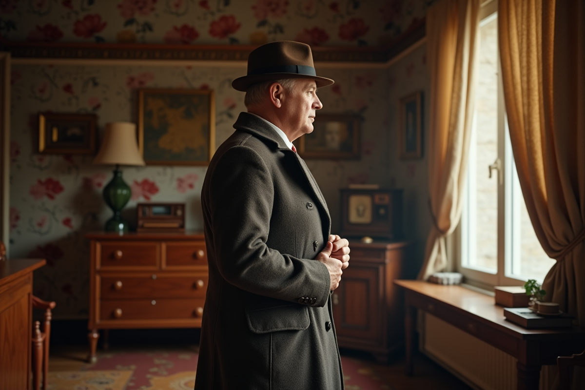 Homme ajustant son manteau vintage dans un appartement ancien