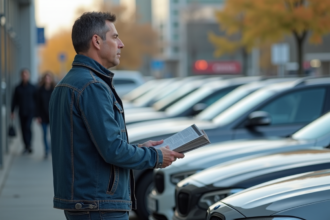 Homme d'âge moyen observant des voitures neuves en concession