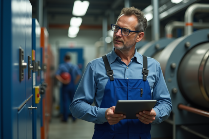 Ingénieur en overalls examinant une machine industrielle
