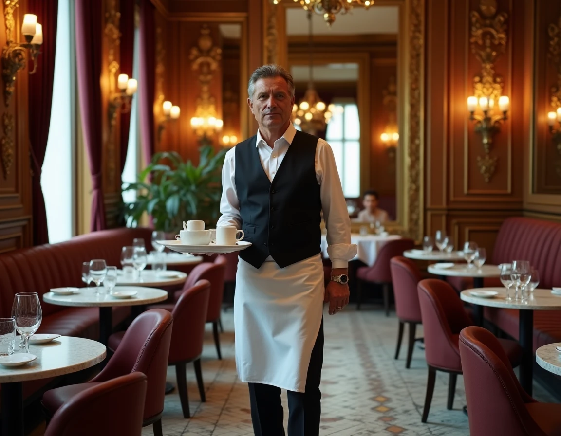 Intérieur d'une brasserie parisienne Belle Époque avec serveur en tablier blanc, miroirs dorés et sol en mosaïque