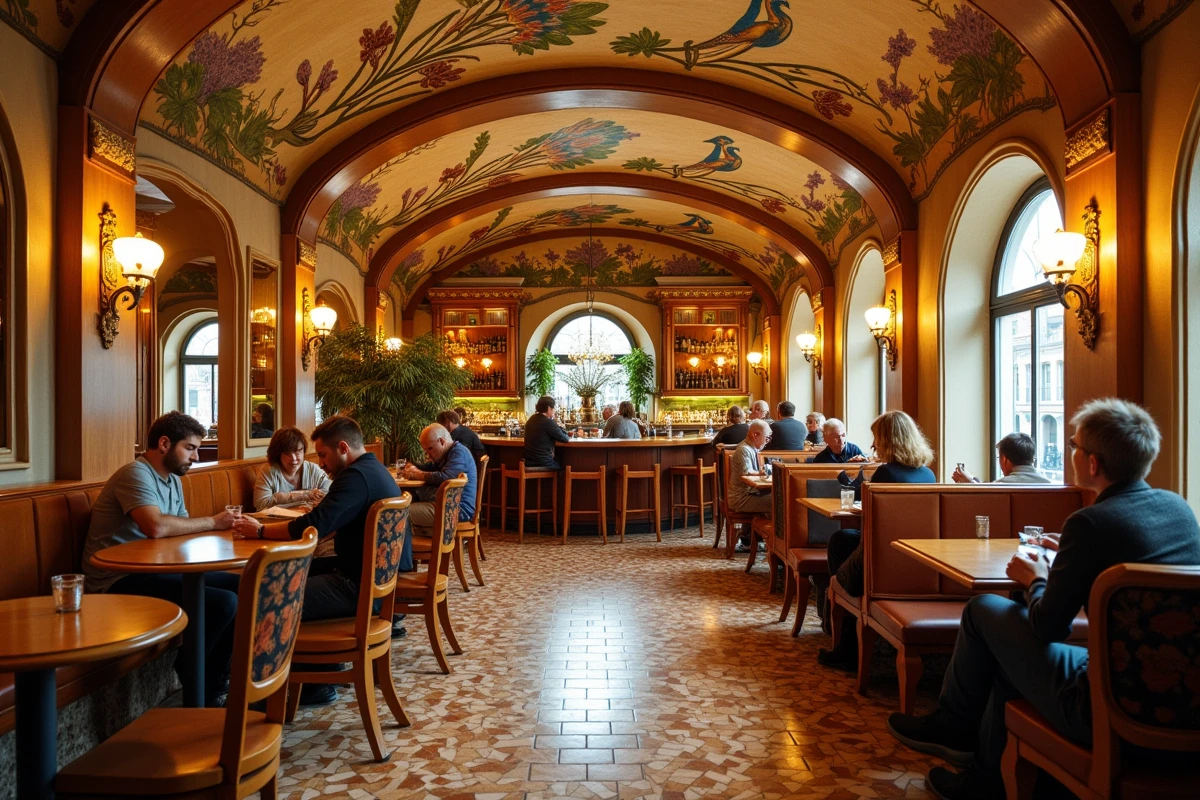 Intérieur d'un café Art Nouveau avec mobilier sculpté, sol en mosaïque et fresques murales aux motifs de paons et de glycines