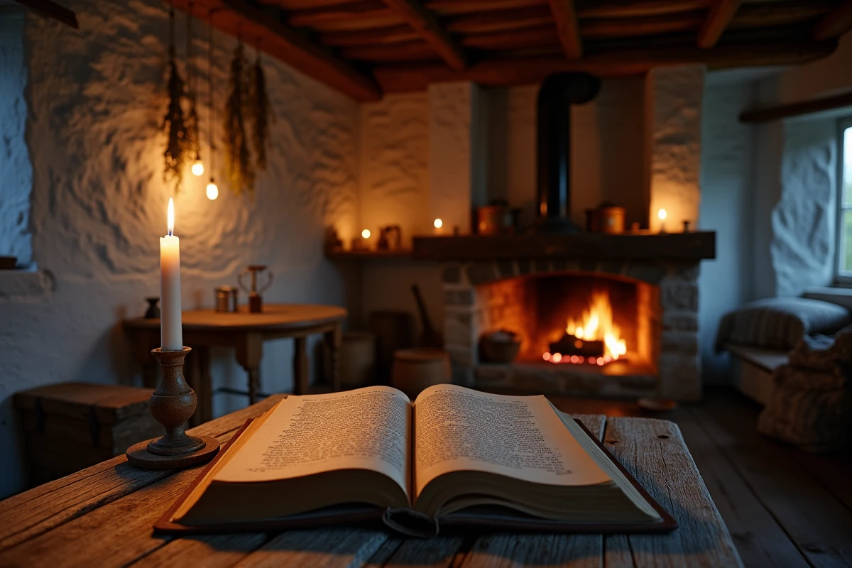 Intérieur rustique d'un chalet breton traditionnel avec un livre ancien ouvert et une bougie, évoquant les légendes orales bretonnes et le folklore des korrigans