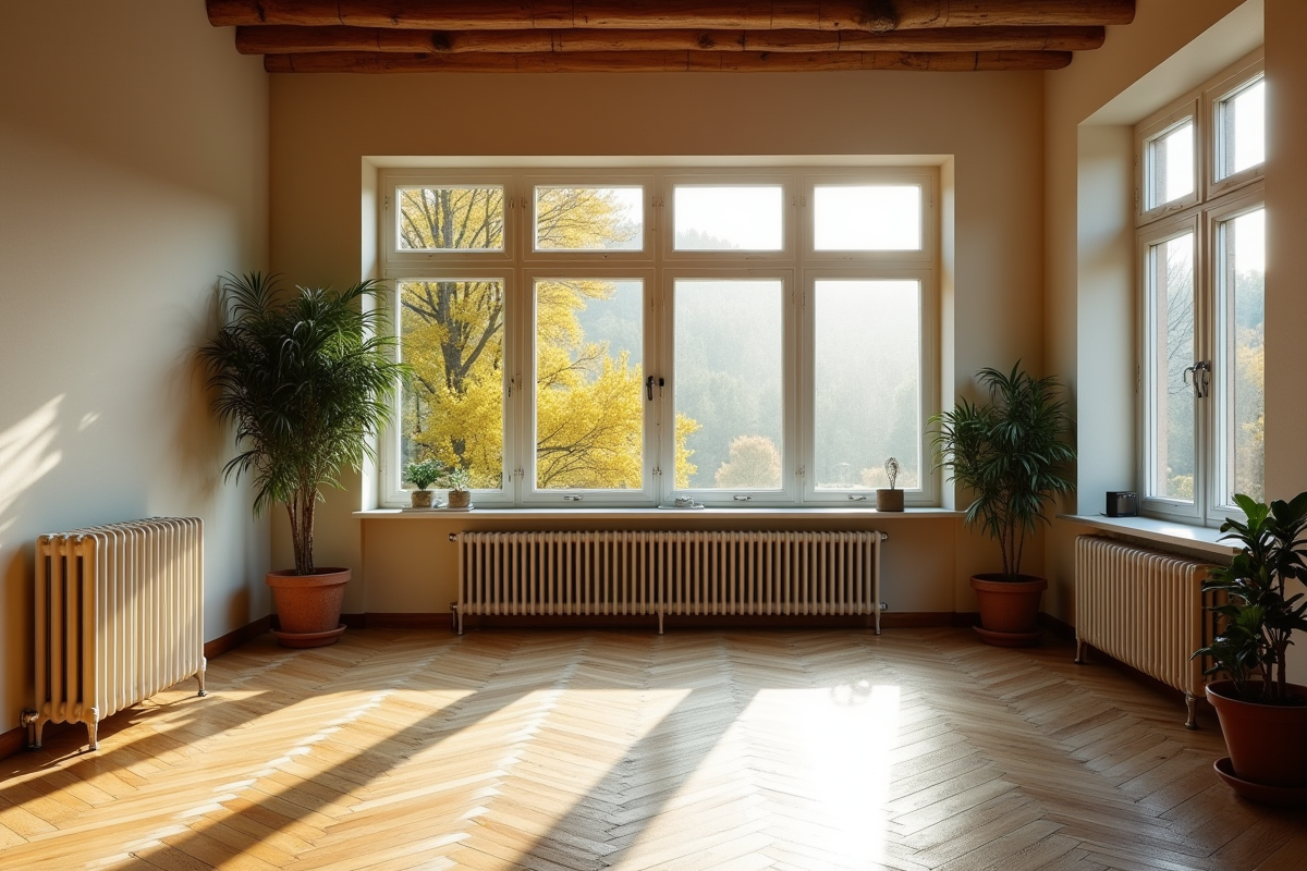 Salon rénové avec chauffage au sol et fenêtres triple vitrage lumineux