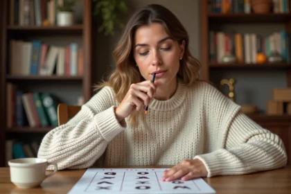 Femme jouant au jeu du pendu avec des mots difficiles inspirés du Scrabble, lettres rares visibles sur une feuille de papier posée sur une table en bois rustique