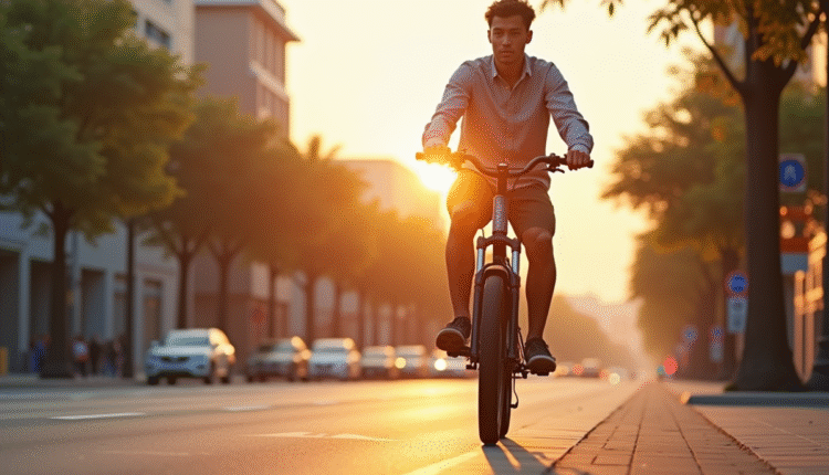 Jeune adulte roulant en vélo électrique dans la ville au lever du soleil