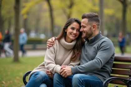 Jeune couple souriant sur un banc de parc au printemps