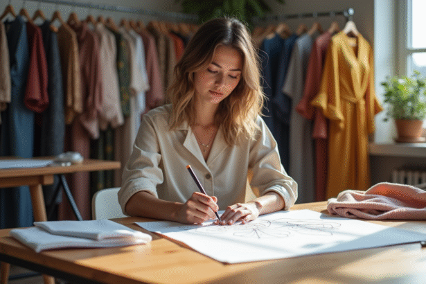Jeune créatrice de mode dessinant dans son studio lumineux