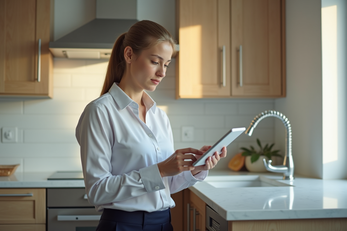 Femme évaluant des données dans une cuisine moderne lumineuse