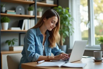 Jeune femme au bureau à domicile travaillant sur son ordinateur