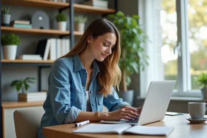 Jeune femme au bureau à domicile travaillant sur son ordinateur