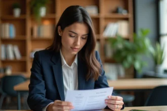 Jeune femme professionnelle relisant son CV moderne dans un espace de coworking contemporain