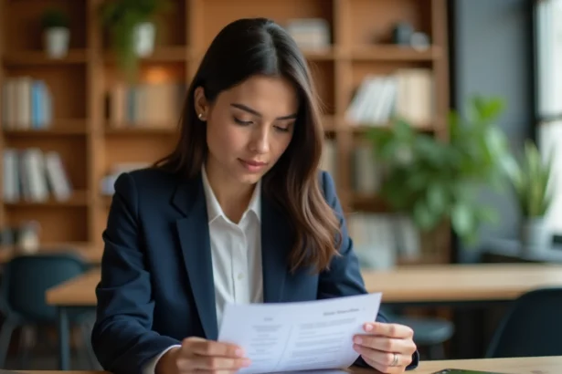 Jeune femme professionnelle relisant son CV moderne dans un espace de coworking contemporain