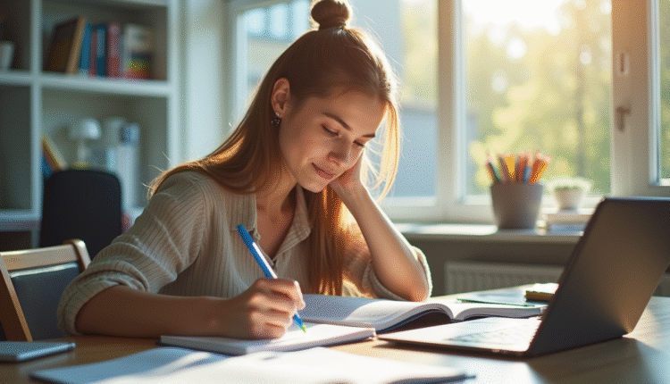 Jeune femme étudiant pour un examen d enseignement à un bureau lumineux