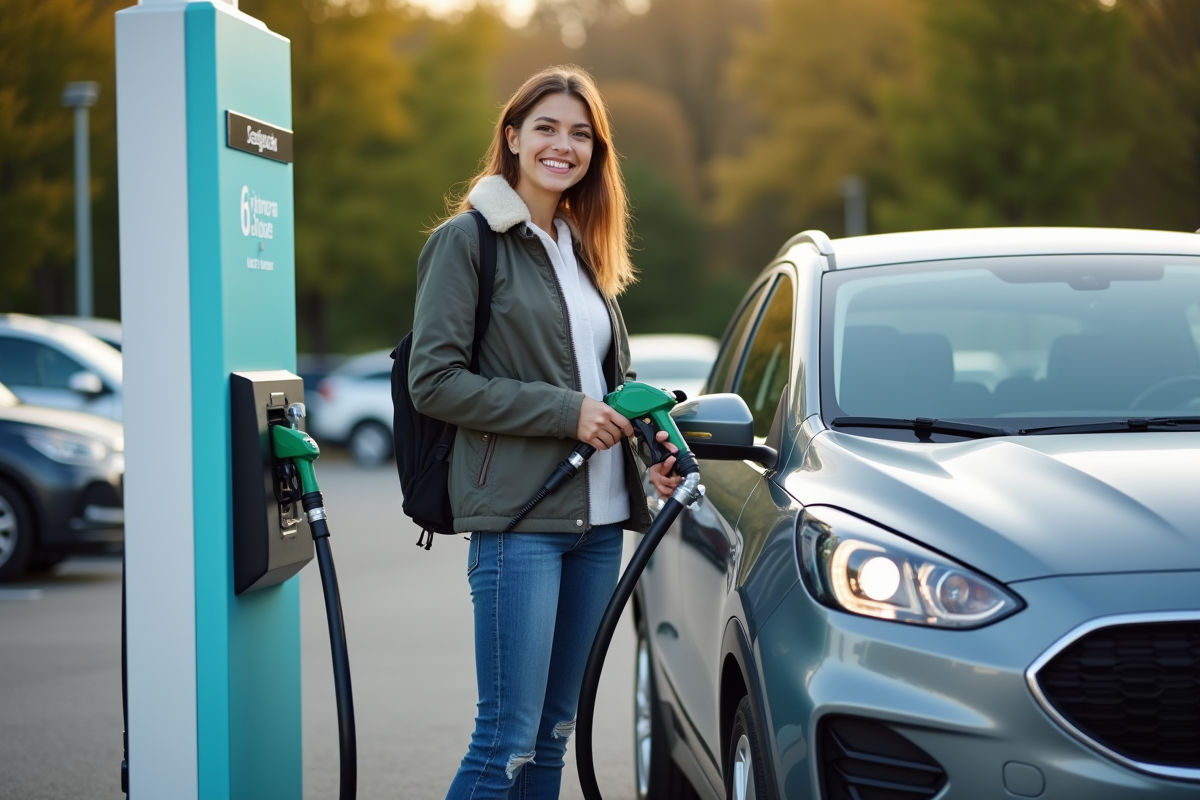 Jeune femme souriante à la station de recharge hydrogène dans un parking