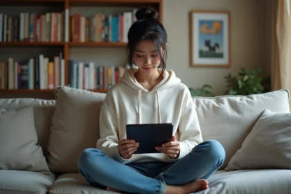 Jeune femme lisant manga sur tablette dans un salon cosy