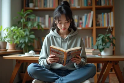 Jeune femme compare deux mangas dans un appartement cosy