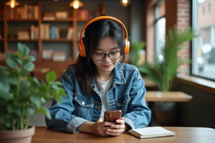Jeune femme avec casque lisant manga sur smartphone