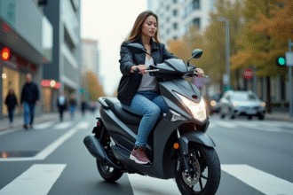 Jeune femme en ville sur une moto 125cc moderne