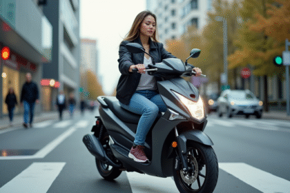 Jeune femme en ville sur une moto 125cc moderne