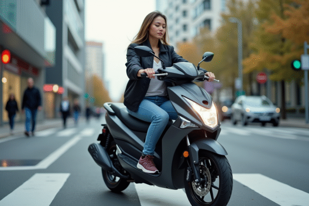 Jeune femme en ville sur une moto 125cc moderne
