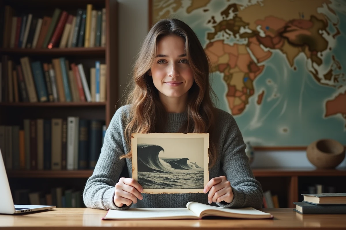 Jeune femme tenant photo tsunami dans un bureau