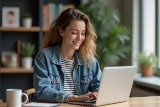 Jeune femme regardant un site de webtoon français dans son appartement