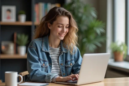Jeune femme regardant un site de webtoon français dans son appartement