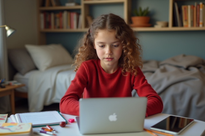 Jeune fille de 12 ans avec cheveux bouclés regarde son ordinateur