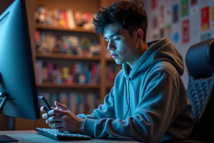 Jeune homme concentré sur son smartphone dans une chambre anime