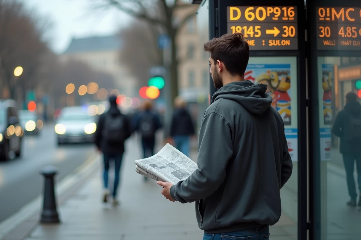 Jeune homme attendant au bus regardant l