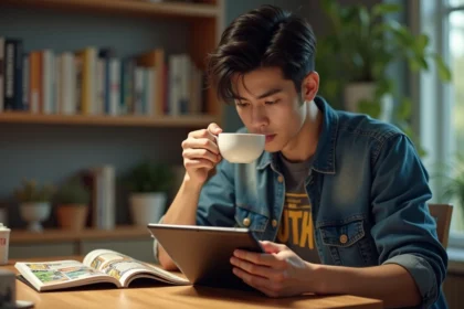 Jeune homme lisant manga sur tablette dans la cuisine