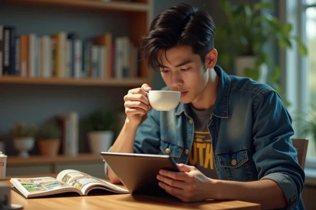 Jeune homme lisant manga sur tablette dans la cuisine