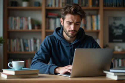 Jeune homme concentré devant son ordinateur à la maison