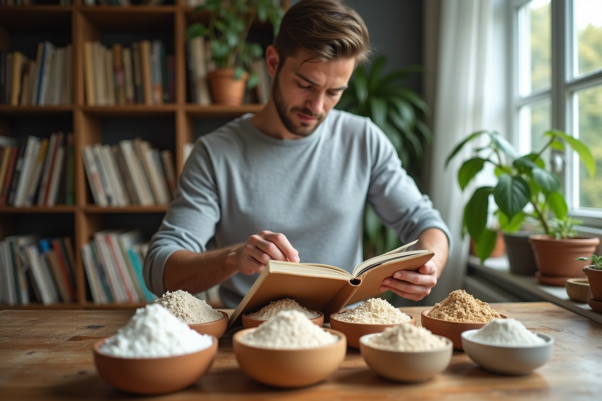 Jeune homme choisissant des alternatives de farine