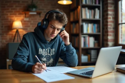 Jeune homme concentré avec casque et paroles de chanson
