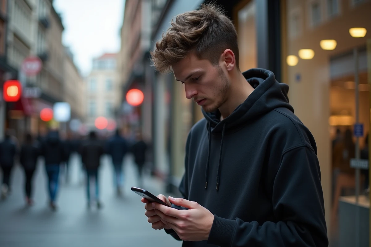 Jeune homme dans la rue consultant des messages suspects reçus d'un numéro avec l'indicatif +44 sur WhatsApp