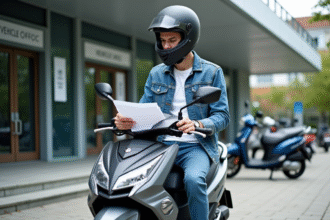 Jeune homme en moto devant un bâtiment administratif