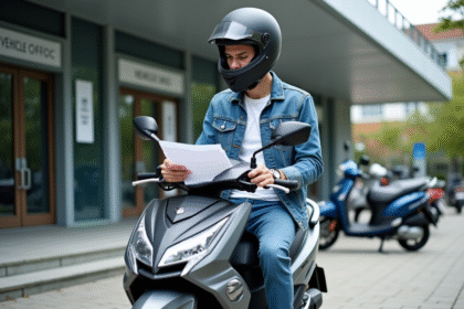 Jeune homme en moto devant un bâtiment administratif