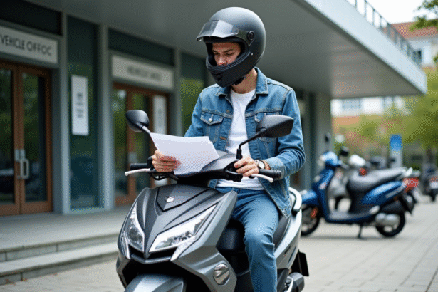 Jeune homme en moto devant un bâtiment administratif
