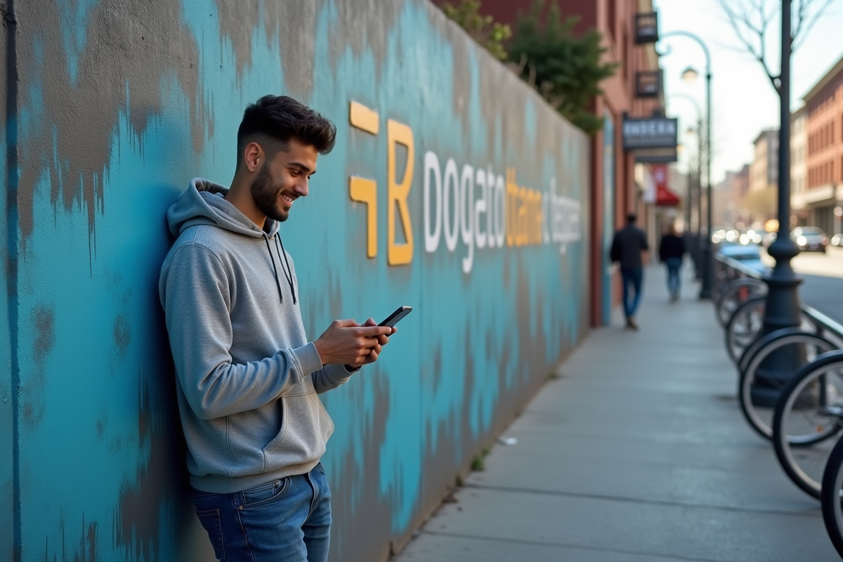 Jeune homme avec smartphone devant un mural blockchain urbain