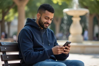 Jeune homme nord-africain sur un banc à Beziers vérifiant une application de prière