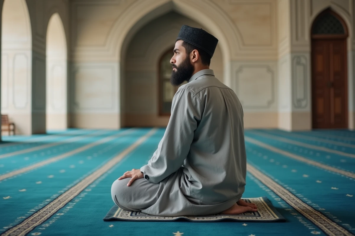 Jeune homme assis en position de tashahud sur un tapis de prière dans une mosquée lors du witr
