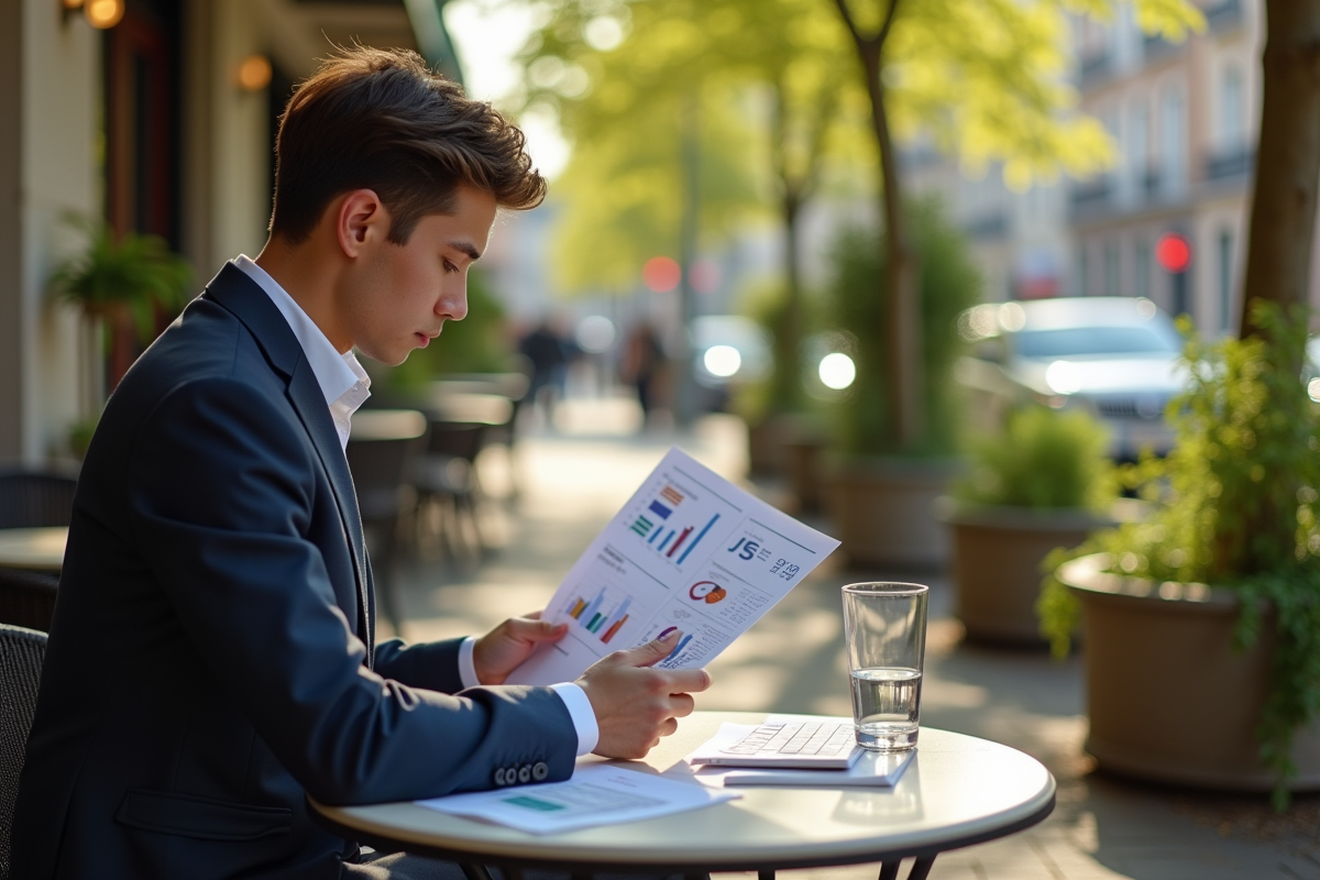 Jeune professionnel lisant un rapport salarial en terrasse