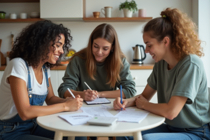 Trois jeunes adultes en cuisine partageant un moment convivial